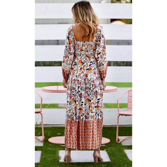 ANGIE Ivory Floral Smocked Long Sleeve Tiered Maxi Dress - Picture 8 of 11